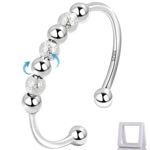 Produktbild: Anxiety Stress Ring Silber 925 Damen Angst Spinner Fidget Anti Stress Ring Frauen Ringe Beweglichen Perlen Schmuck Geschenke (7 Perlen)