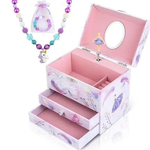 Produktbild: Anyiner Ballerina Schmuckkästchen für Mädchen, Kinder Spieluhr mit drehender Ballerina, 2 Schubladen und Einhorn Schmuckset, Musikkästchen Geschenk für Kinder Mädchen