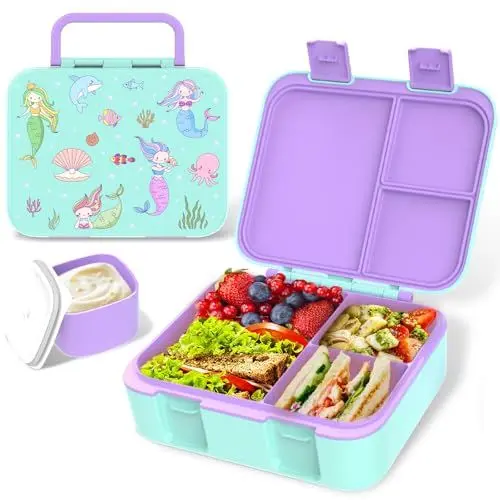 Produktbild: Anyiner Brotdose Kinder mit Fächern, Auslaufsicher Bento Box Kinder Mikrowellengeeignet Lunchbox, BPA-frei Jausenbox mit Soßenbecher für Schule & Kindergarten (Meerjungfrau)