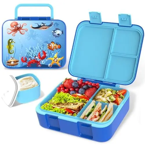 Produktbild: Anyiner Brotdose Kinder mit Fächern, Auslaufsicher Bento Box Kinder Mikrowellengeeignet Lunchbox BPA-frei Jausenbox mit Soßenbecher für Schule & Kindergarten, Ozean-Tiere