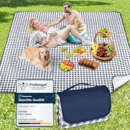 Produktbild: Anyiner Picknickdecke 200x200 cm, Sandfest Stranddecke Wasserdicht Campingdecke, Waschbar Leichtgewicht mit Tragegriff, Ideal für Outdoor, Camping, Strand & Familienpicknick (Blau Kariert)