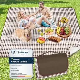 Produktbild: Anyiner Picknickdecke 200x200 cm, Sandfest Stranddecke Wasserdicht Campingdecke, Waschbar Leichtgewicht mit Tragegriff, Ideal für Outdoor, Camping, Strand & Familienpicknick (Braun Kariert)