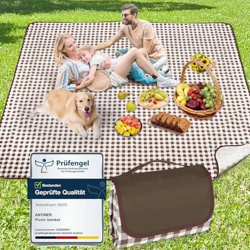 Produktbild: Anyiner Picknickdecke 200x200 cm, Sandfest Stranddecke Wasserdicht Campingdecke, Waschbar Leichtgewicht mit Tragegriff, Ideal für Outdoor, Camping, Strand & Familienpicknick (Braun Kariert)