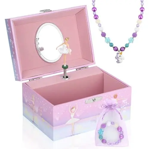 Produktbild: Anyiner Schmuckkästchen mit Spieluhr für Mädchen mit Ballerina-Schmuckset, Kinder-Schmuckkästchen Musikkästchen mit sich drehenden Ballerina (Rosa Ballerina)