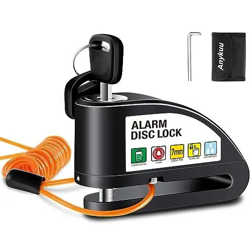 Produktbild: Anykuu Bremsscheibenschloss Motorradschloss Alarm 110 dB Laute Scheibenschloss Bremsschloss mit 1.5m Erinnerungskabel und Schlosstasche Alarmschloss Für 7mm Dick Bremsscheibe Motorrad Fahrrad