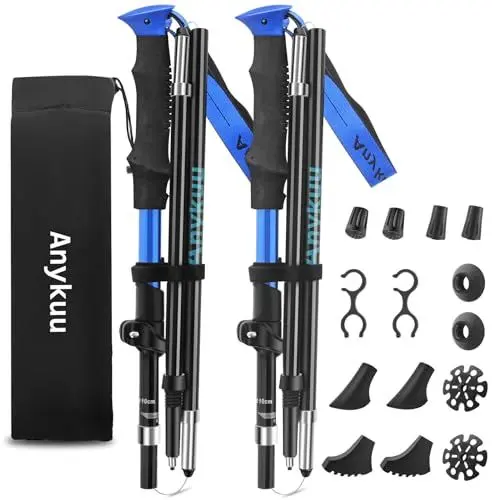 Produktbild: Anykuu Wanderstöcke Faltbar 2PCS Walking Stöcke Verstellbar 110-130cm Ultraleichte Trekkingstöcke mit 6 Paar Zubehör Hiking Poles Aluminium für All Terrain Walking Poles zum Wandern Skifahren