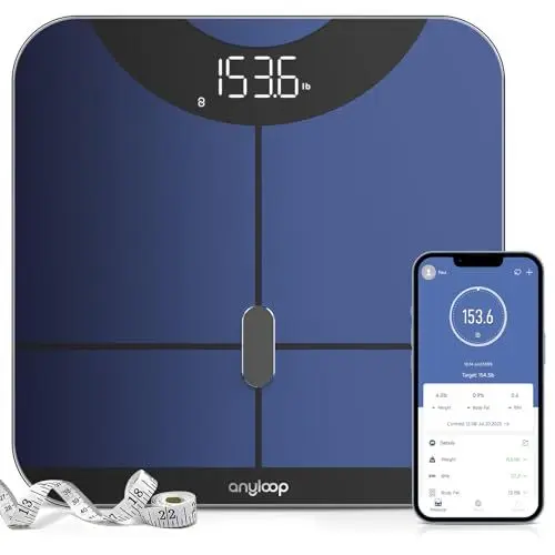 Produktbild: Anyloop Körperfettwaage Waage Personen Personenwaage Digital Mit APP 180 kg/400 lbs,Körperwaage Digital Bluetooth Körperanalysewaage für Körperfett,Gewicht,BMI,Pulsschlag,Muskelmasse,Protein,BMR,usw.
