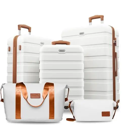 Produktbild: AnyZip Koffer Set (10 Jahre VIP-Service) Trolley Koffer Reisekoffer von ABS+PC Hartschalen,The Suitcase Included 1 Reisetasche und 1 Kulturbeutel (Weiß/Braun, Kofferset 5)