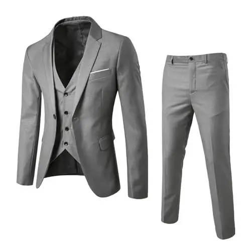 Produktbild: Anzug Für Trauzeugen Herren Slim 3-teiliger Anzug Business Hochzeit Party Blazer Formelle Klassische Jacke Weste Hose Vollmantel Luxus Business(Grey,M)