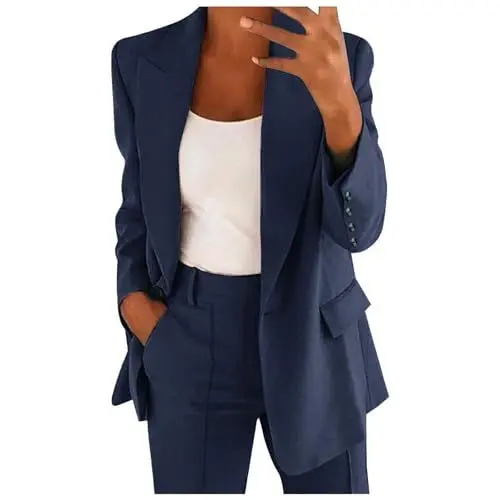 Produktbild: anzug damen elegant 2 teiler,Hosenanzug Zweiteiler Damen Elegant Business Anzuge Set 2 Teilig Sportlich Outfit Einfarbig Blazer Hose Festlich Lange Hosenanzüge Streetwear Trainingsanzüge,Dunkelblau S