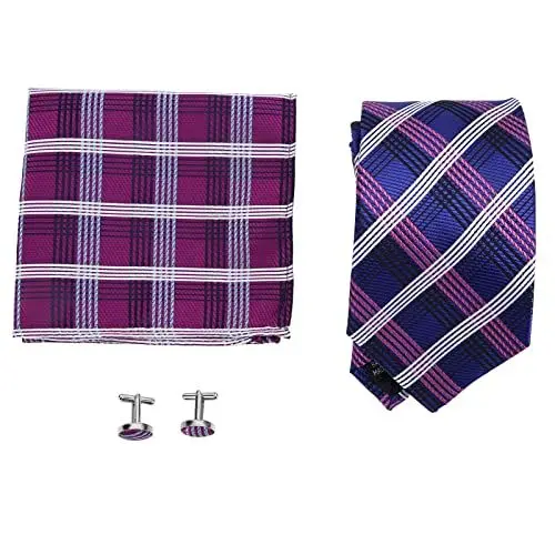 Produktbild: Anzug-Krawatten-Set, Herren-Krawatten, Polyester-Seide, kariertes Design, klassisch mit Krawatten-Set, Taschentuch-Krawatte, Manschettenknöpfe, Krawatte für Männer für Hochzeiten,