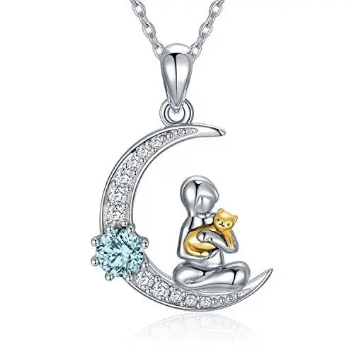 Produktbild: AOBOCO Katzen Kette 925 Sterling Silber Damen Katzenanhänger Halskette, Katzenliebhaber Geschenke (Simulierter Aquamarin)