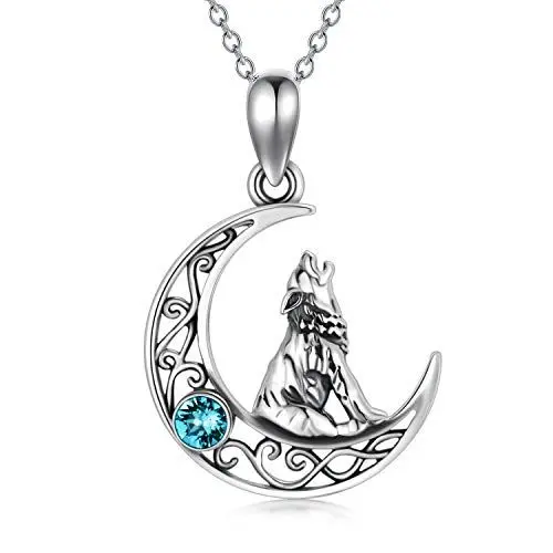 Produktbild: AOBOCO Sterling Silber Mondsichel Wolf Anhänger Kette mit mit Simulierter Blauer Zirkon Dezember Geburtsstein Kristall, Wolf Schmuck Geschenke für Frauen