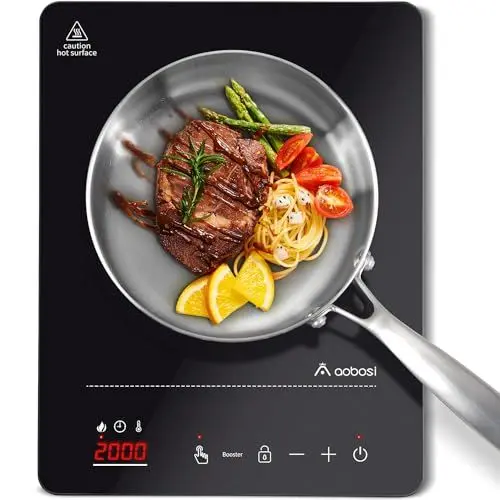 Produktbild: Aobosi Induktionskochfeld 1 Platte,Induktionskochplatte mit Booster-Funktion, 20 Leistungsstufen und Temperaturstufen,Kompakte Größe,2000W Tragbares Induktionskochfeld,10H-Timer,Schwarz