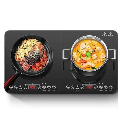 Produktbild: Induktionskochfeld, Aobosi Doppel Induktionskochplatte tragbares Kochfeld mit Warmhaltefunktion, 10 Temperaturstufen und 6 Leistungsstufen, Timer, Max & Min-Taste, 3500Watt, Sensor-Touch-Steuerung
