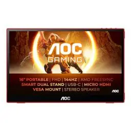 Produktbild: AOC 16G3 - tragbarer 16 Zoll Full HD Gaming Monitor, FreeSync (1920x1080, 144 Hz, MicroHDMI 1.4, USB-C) schwarz-rot