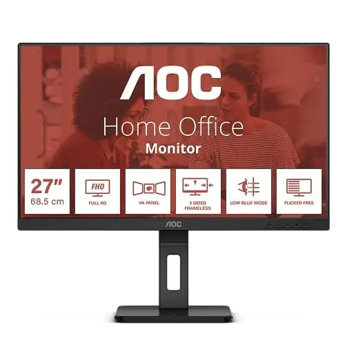 Produktbild: AOC 27E3QAF - 27 Zoll Full HD Monitor, Lautsprecher, höhenverstellbar (1920x1080, 75 Hertz, VGA, HDMI, DisplayPort) schwarz