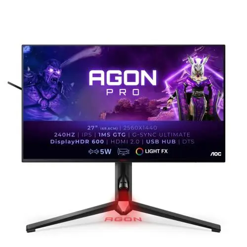 Produktbild: AOC Agon Pro AG274QG - 27 Zoll QHD Gaming Monitor, 240 Hz, 1 ms, HDR600, G-Sync Ultimate (2560x1440, HDMI, DisplayPort, USB Hub) schwarz
