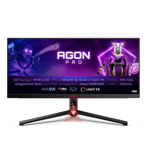 Produktbild: AOC Agon Pro AG344UXM - 34 Zoll WQHD Gaming Monitor, 170 Hz, 1 ms, G-Sync Compatible, FreeSync Premium, HDR1000 (3440x1440, HDMI 2.1, DisplayPort, USB-C, USB Hub) schwarz