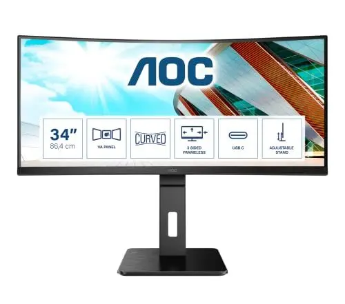 Produktbild: AOC CU34P2C - 34 Zoll WQHD Curved Monitor (3440x1440, 100 Hz, HDMI, DisplayPort, USB-C, USB Hub) schwarz