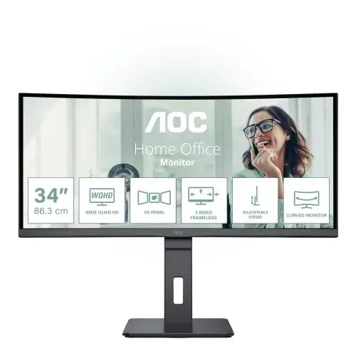 Produktbild: AOC CU34P3CV - 34 Zoll WQHD Curved Monitor, höhenverstellbar, Lautsprecher (3440x1440, 100 Hz, HDMI, DisplayPort, USB-C (65W PD), RJ45, USB Hub) schwarz