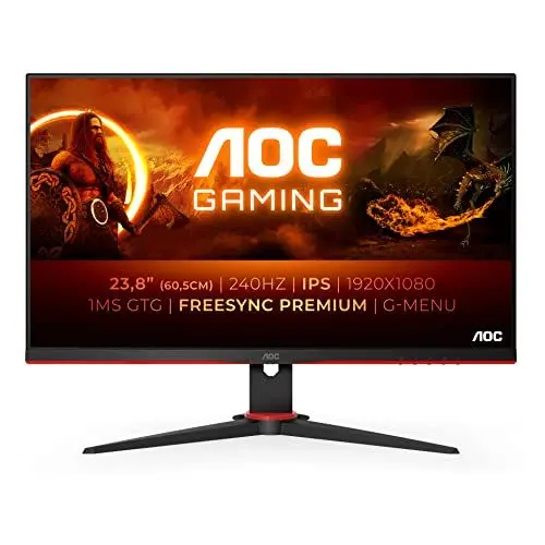 Produktbild: AOC Gaming 24G2ZE 60 cm (23,8 Zoll) Monitor (FHD, HDMI, DisplayPort, FreeSync, 0,5 ms Reaktionszeit (MPRT), 240 Hz, 1920 x 1080) schwarz/rot