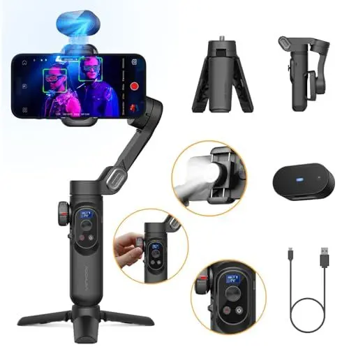 Produktbild: AOCHUAN Gimbal-Stabilisator für Smartphone, Gimbal mit KI-Vision-Sensor für Gesichtsverfolgung, iPhone-Gimbal mit kabellosem Laden für Vlog, kompatibel mit iPhone/Android-Smart AI XPro Schwarz