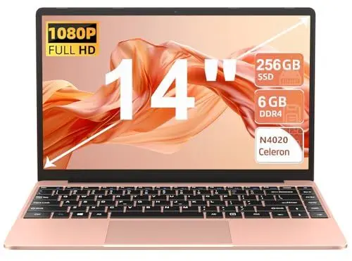 Produktbild: AOCWEI Laptop Celeron N4020 Up to 2.8Ghz, Laptops 14 Inch Win 11 Con 5G WiFi 6+256GB SSD Erweiterung 1TB, BT 4.2 1920 * 1080 FHD Mini Multimedia Anschluss, Notebook with Deutscher Keyboardfilm-Gold