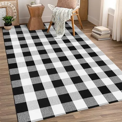 Produktbild: Aoczes Baumwollteppich Waschbar Flachgewebe Teppich Wohnzimmer 120x180cm Kurzflor Teppich Büffel Plaid Baumwolle Gewebt Schwarz Weiß Kariert Indoor Outdoor Teppich für Esszimmer Schlafzimmer Balkon