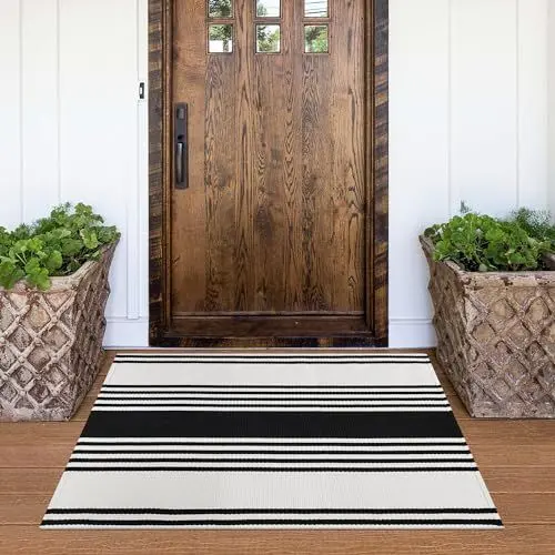 Produktbild: Aoczes Kleine Outdoor Teppich 60x90 cm Waschbarer Gestreifter Baumwollteppich Verandateppich Willkommensmatte Haustür Bauernhaus Eingang Innenbereich Teppich (Schwarz Weiß)