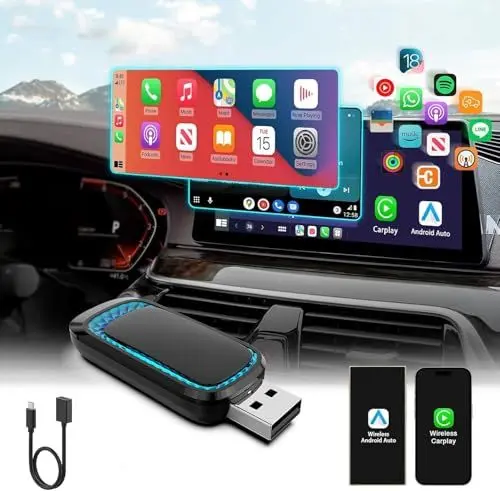 Produktbild: 2 in 1 Android Auto und Carplay Wireless Adapter, Konvertiert Kabelgebundenes in Kabelloses, Plug and Play, für Autos mit Wired CarPlay & Android, USB-A & Type-C, 5.8 GHz WiFi, Mini & Stabil
