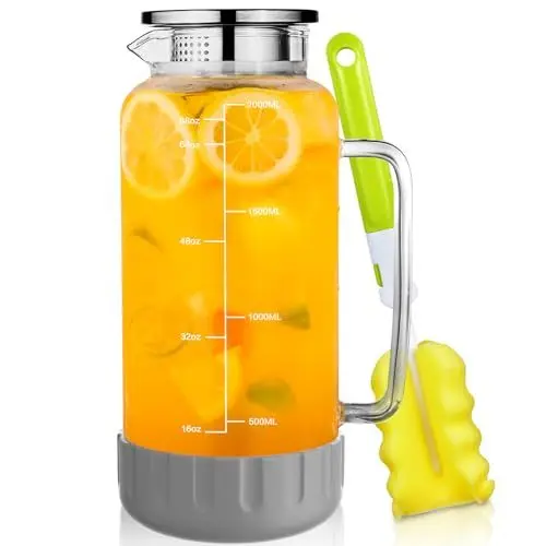 Produktbild: Aofmee Wasserkaraffe, Glaskaraffe mit Deckel 2Liter, Karaffe Glas mit Silikonbasis und präzise Skalenlinie, Wasserkrug für Heißes/Kaltes Wasser Eistee Saft, Glaskanne, Rutschfest Krug (Grau)