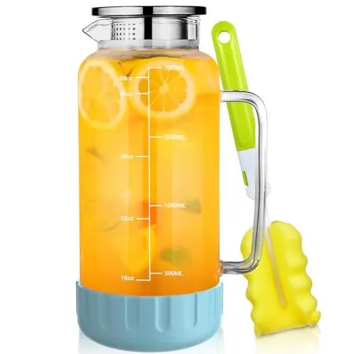 Produktbild: Aofmee Wasserkaraffe, Glaskaraffe mit Deckel 2 Liter, Karaffe Glas mit Silikonbasis und präzise Skalenlinie, Wasserkrug für Heißes/Kaltes Wasser Eistee Saft, Glaskanne, Rutschfest Krug (Blau)