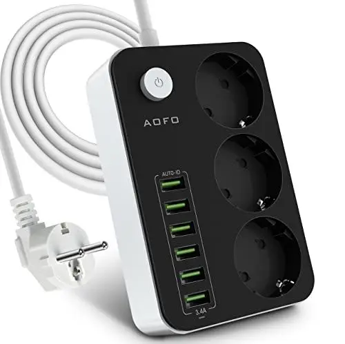 Produktbild: AOFO Steckdosenleiste Steckdosenadapter 3 Fach schaltbare mit 6 USB (5V/3.4 A, 17W),Schaltbare Mehrfachsteckdose Kinderschutz .Adapterstecker mit Spannungsschutz 2M Kabel