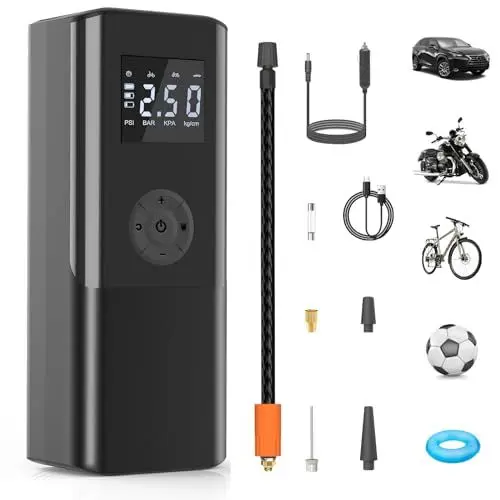 Produktbild: AOKBON Elektrische Luftpumpe 150PSI Luftpumpe mit 12V DC 6000mAh Akku Tragbar Fahrradpumpe mit Digitale Anzeige LED Licht Mini Kompressor Powerbank 4 Modi für Auto Fahrrad Motorrad Ball