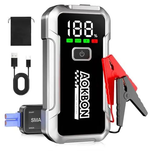 Produktbild: AOKBON Starthilfe Powerbank 4000A 12V Auto Starthilfe mit großen Bildschirm LED Licht Starthilfekabel für bis zu 8,0 L Benzin und 6,0 L Dieselmotoren Autobatterie Booster für SUV Motorrad Rasenmäher