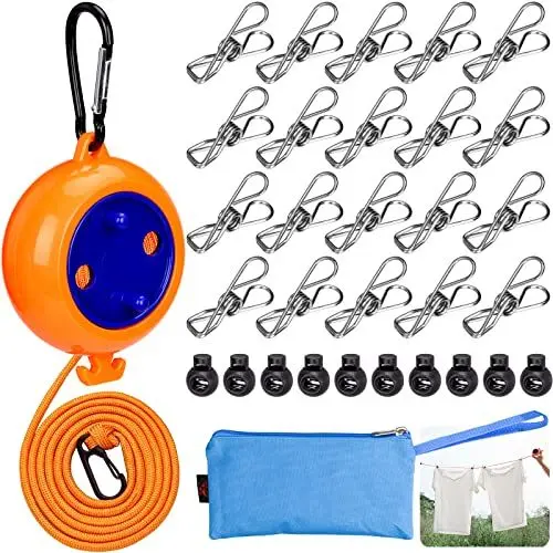 Produktbild: AOKITO Camping Wäscheleine, Praktische und Ausziehbare Wäscheleine für Camping und Reisen - 10m Nylon-Wäscheschnur mit Clips und Klammern für Innen- und Außenbereich