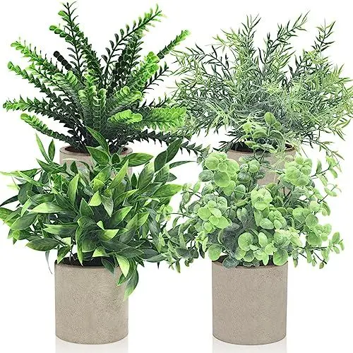 Produktbild: AOKKR 4 Stücke Grüne Gras Künstliche Pflanzen mit Grauem Töpfen, 7.8 x 24 cm Home Deko Fake Pflanzen für Schlafzimmer Küche Wohnzimmer Badezimmer Balkon Büro Fensterbank