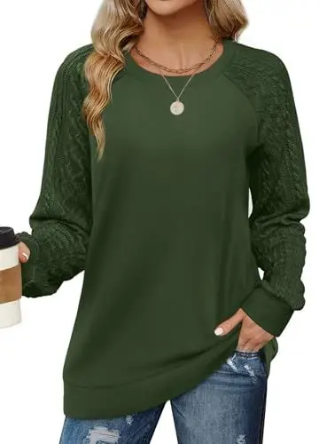 Produktbild: Aokosor Damen Pullover Rundhals Oversize Sweatshirt Elegant Herbst Winter Langarm Tops Oberteile Dunkelgrün XL