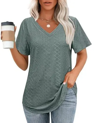 Produktbild: Aokosor Shirts Damen Sommer Top blusen Tuniken Damen Tunika Kurzarm Oberteile V Ausschnitt Outfit 2025 Grün 2XL