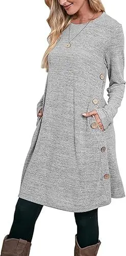 Produktbild: Aokosor Strickkleid Damen Langarm Kleider Pulloverkleid für Damen Tunika Kleid Jumper Kleid mit Knöpfen und Taschen Grau M