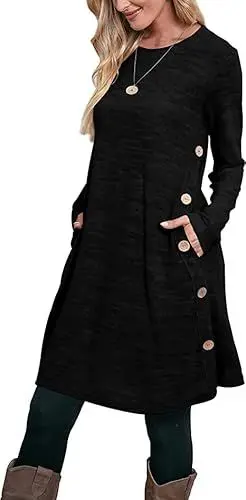 Produktbild: Aokosor Strickkleid Damen Langarm Kleider Pulloverkleid für Damen Tunika Kleid Jumper Kleid mit Knöpfen und Taschen Schwarz M
