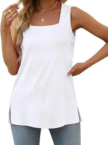 Produktbild: Aokosor Weiß Tank Top Damen Oversize Ärmellos T-Shirt Locker Oberteile Top Damen Lang Sommer Square Neck XXL