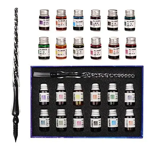 Produktbild: Aokuy Glasstifte-Set kalligraphie, Kalligraphie Dip Pens,12 bunte Tinten,Kaligraphie-Sets für Kunst, Schreiben, Unterschriften, Dekoration, Geschenk. (Schwarz)