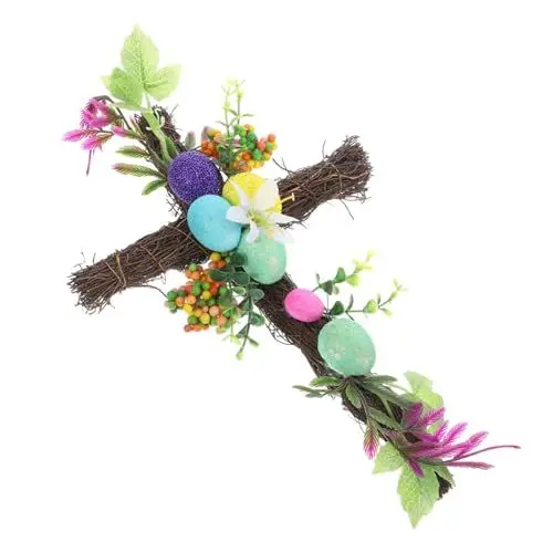 Produktbild: AOKWAWALIY Osterkreuz Ostereier-Kranz Weinrebenkranz aus Rattan fensterdeko Ostern ostertürkränze Blumengirlande Türkranz vorn Bauernkränze für drinnen Innenkranz kreuzen schmücken