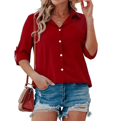 Produktbild: Aomey Damen Bluse Elegant V-Ausschnitt Hemd Langarm Casual Arbeit Langarmshirt mit Knöpfen Lose Basic Einfarbig Oberteile S-XXL