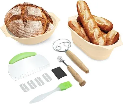 Produktbild: Aomiduo Gärkorb Set Gärkörbchen für Brot Oval Und Rund Brotbacken Silikon Brotkörbchen Mit Brot Backen Zubehör -Bäckermesser, Teig Schneebesen,Teigschaber, Bürste, 4 Klingen Geschenk für Familie,Beige