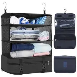 Produktbild: Aomiduo Koffer Organizer Hängend Faltbare mit Kosmetiktasche 2-teilig Tragbarer Packwürfel Hängeschrank Packwürfel zum Aufhängen Aufbewahrungstasche für Koffer und Reisegepäck Schwarz