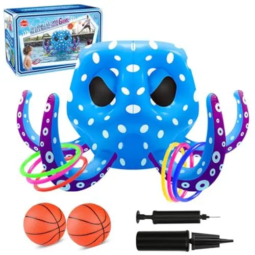 Produktbild: Aonerex Pool Basketball Game Set, Ringwurfspiel Wasserspiel Floating Hoops Aufblasbares Wasserballspiel Octopus Basketballkorb Party Werfen Spiele für Erwachsene Kinder, 6 Ringe & 2 Ball & 2 Ballpumpe