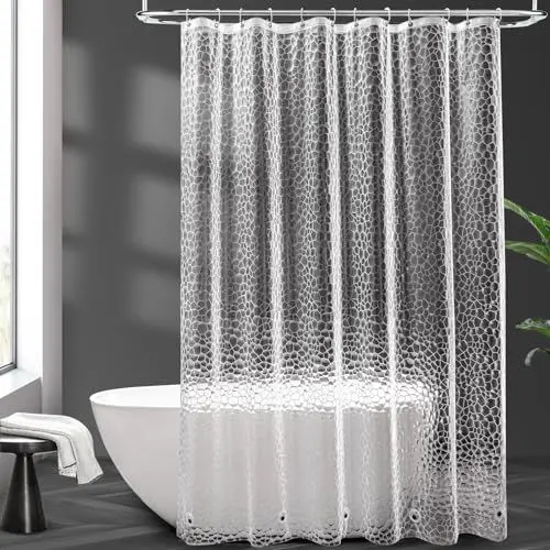 Produktbild: AooHome Duschvorhang Transparent, 180x200cm mit 5 Magnete unten, Antischimmel Wasserdicht Duschvorhänge mit 12 Ringe Hexagon Muster, Wasserfest für Badewanne Bad Vorhang